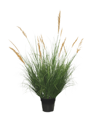 Una pianta di erba artificiale di struzzo ritardante da 120 cm, con lunghe foglie verdi e alte piume dorate, su uno sfondo bianco semplice.