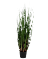 L'erba artificiale cipolla 90 cm ignifuga è un'erba ornamentale in vaso con foglie verdi lunghe e sottili con sfumature rosso-viola alla base, su uno sfondo bianco.