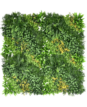 La siepe artificiale Limerence 100x100 cm UV è un pannello verticale quadrato da giardino con fitto fogliame verde e piccoli fiori gialli, con foglie di varie forme e texture per un aspetto rigoglioso e vibrante.