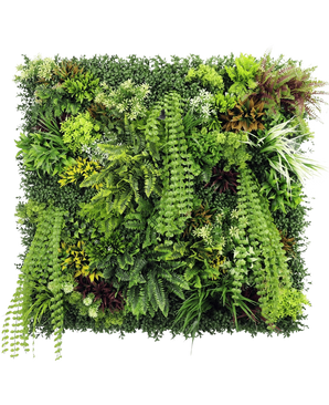 La siepe artificiale Lush Deco Deluxe 100x100 cm UV è un pannello quadrato da giardino verticale caratterizzato da una vegetazione densa e strutturata con un mix di piante a fogliame, felci ed erbe, perfetto per creare un vivace display naturale su uno sfondo bianco.