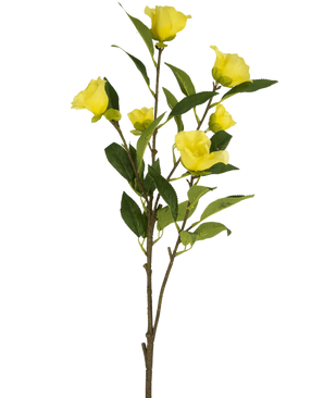 Il fiore artificiale Camelia giallo da 80 cm ha un unico stelo con molteplici fiori di camelia artificiale giallo brillante e foglie verdi, raffigurati su un semplice sfondo bianco.