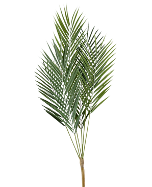 De Kunstpalm Chamaedorea 78 cm heeft een cluster groene palmbladeren met lange, smalle bladeren op slanke stelen, geïsoleerd op een witte achtergrond.