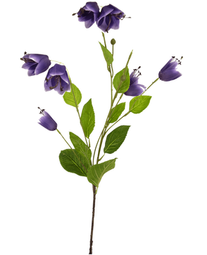 De Kunstbloem Fritillary 81 cm paars heeft een enkele steel met meerdere groene bladeren en paarse klokvormige bloemen, afgebeeld tegen een witte achtergrond.