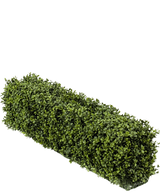 Una siepe rettangolare di bosso artificiale UV 100x20x25 cm presenta fitte foglie di bosso artificiale verde su uno sfondo bianco semplice.