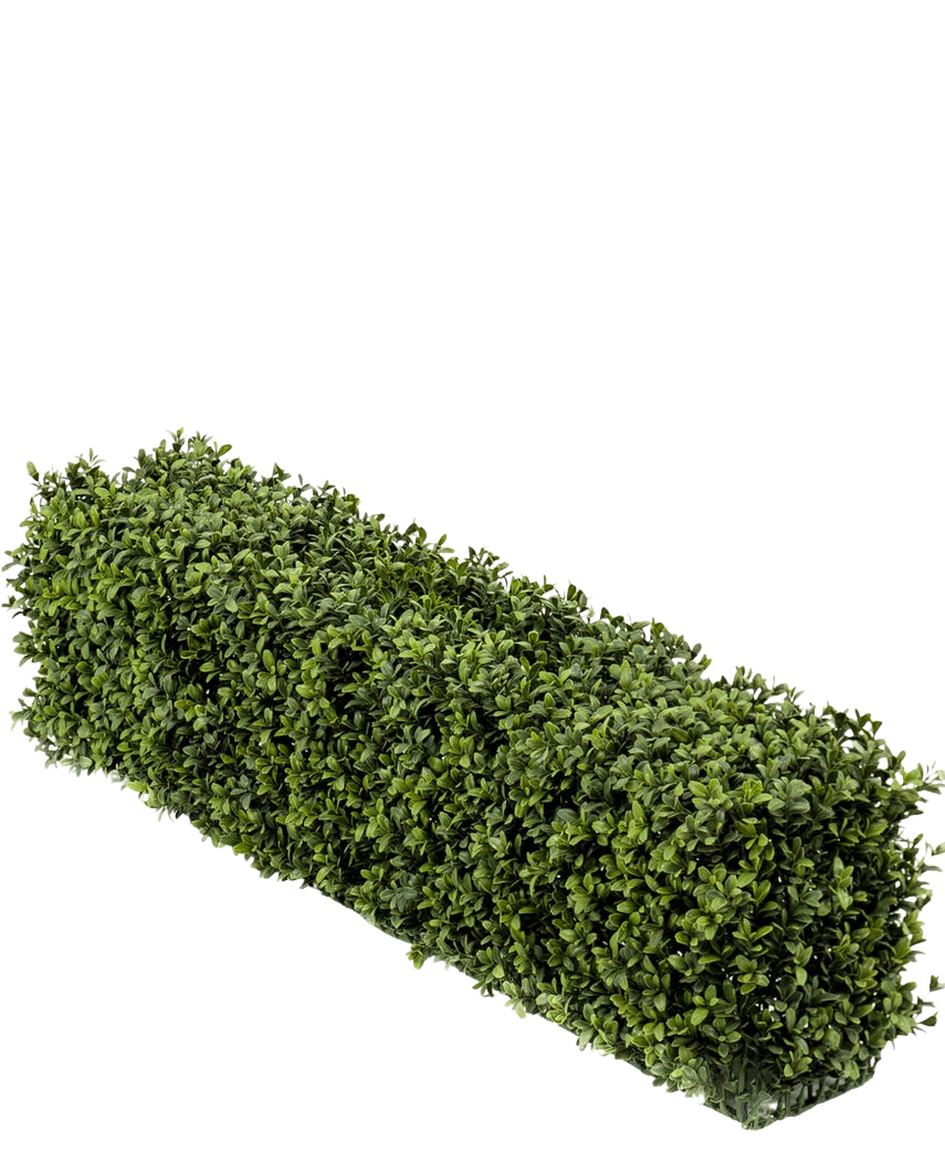 Una siepe rettangolare di bosso artificiale UV 100x20x25 cm presenta fitte foglie di bosso artificiale verde su uno sfondo bianco semplice.