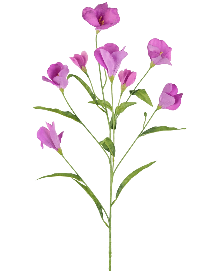 Un singolo ramo di rododendro artificiale Azalea Real Touch Purple da 80 cm con rami multipli mostra delicati fiori e boccioli viola-rosa su un semplice sfondo bianco.