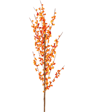 Il ramo artificiale Ilex 100 cm arancione ha un unico ramo alto con molte piccole bacche arancioni su sottili steli marroni, su uno sfondo bianco semplice.