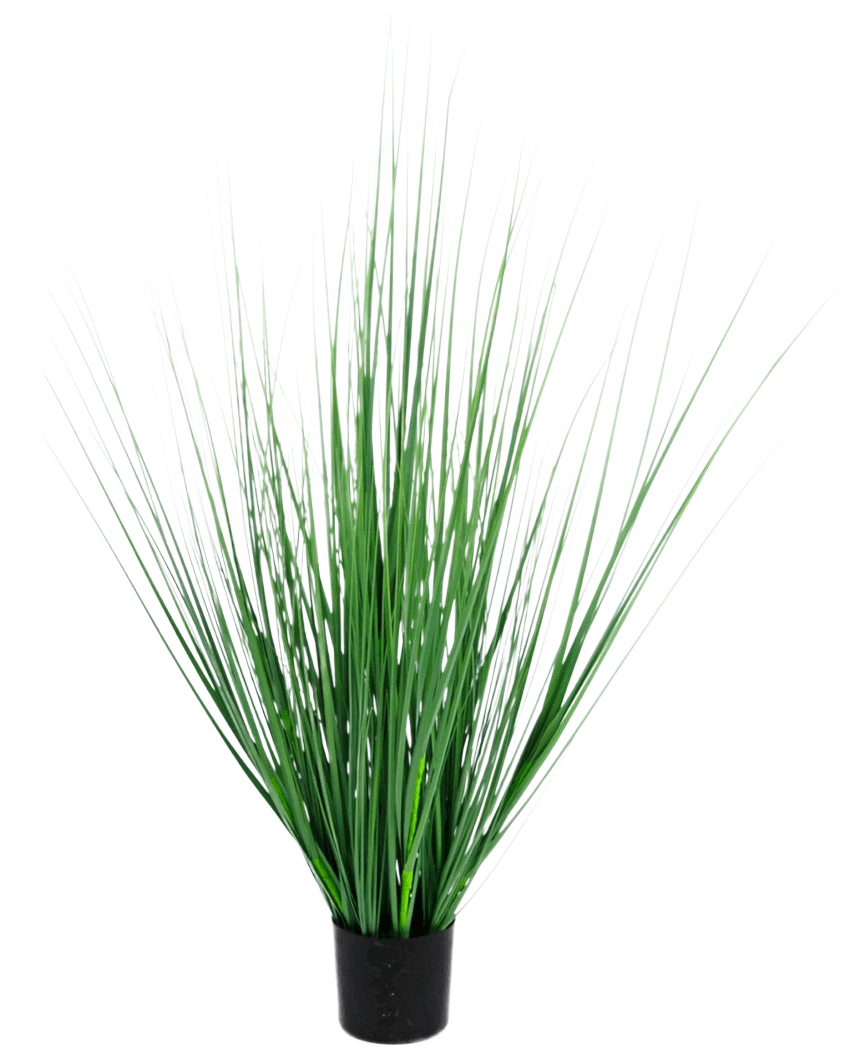 L'erba artificiale cipolla ignifuga da 100 cm ha un vaso nero con foglie verdi fitte, erette e sottili, simili a erba, perfette per aggiungere un tocco moderno a qualsiasi spazio.