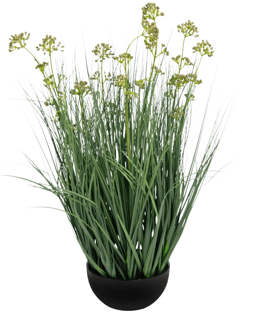 L'erba artificiale, fiore di porro, cipolla, vaso ignifugo da 60 cm ha foglie verdi lunghe e sottili e steli lunghi con grappoli di fiori giallo-verdi in un vaso nero, raffigurati su uno sfondo bianco.