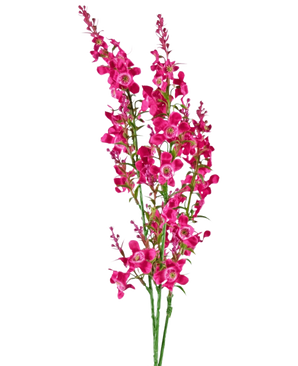 De Kunstbloem Kattenkruid 75 cm roze heeft een stengel van levendige roze kunstbloesems met groene bladeren, geïsoleerd op een witte achtergrond.