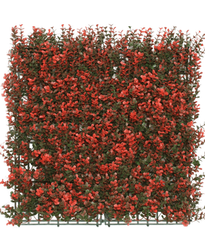 La siepe artificiale in bosso rossa 50x50 cm UV è un pannello verde artificiale quadrato con fitte foglioline verdi e grappoli di fiori rossi, ideale per la decorazione o la privacy.