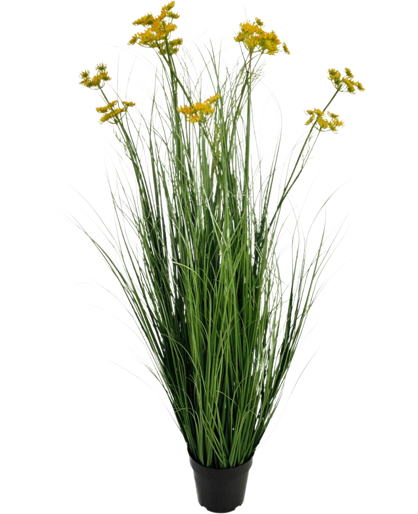 Il vaso per erba artificiale con radice di erba e cipolla da 120 cm è una pianta artificiale ignifuga in vaso con lunghe foglie verdi simili a erba e mazzi di piccoli fiori gialli, isolati su uno sfondo bianco.