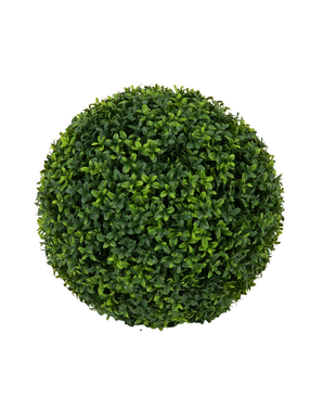 De Kunstplant Buxus romeinse stijl UV D40cm is een ronde, dichte kunst buxus vormsnoei met kleine glanzende groene blaadjes die lijken op echt groen, geïsoleerd afgebeeld op een witte achtergrond.