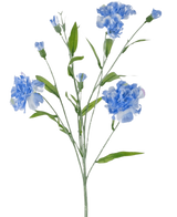 Il mazzo di fiori artificiali di garofani blu da 70 cm ha un gambo delicato con diversi fiori di garofani azzurri e foglie verdi, su uno sfondo bianco semplice.