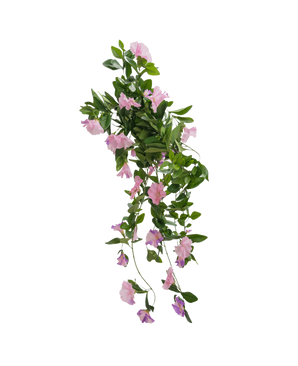 La pianta pensile artificiale Petunia 70 cm ha foglie verdi e fiori viola a forma di tromba su uno sfondo bianco a tinta unita.