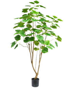 La pianta artificiale Ficus 180 cm è una pianta d'appartamento alta in vaso con diversi steli marroni sottili e grandi foglie verdi, raffigurati su uno sfondo bianco semplice.
