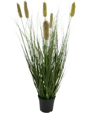 De Kunstgras Matsutake uiengraspot 61cm brandvertragend heeft hoge, slanke groene bladeren en donzige, lichtbruine bloemaren die lijken op wild gras, in een witte pot voor een realistische uitstraling.