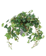 De Kunst Klimop Deluxe groen in pot 40 cm UV heeft weelderige, groene, hartvormige bladeren en lange, slingerende ranken die over de zijkanten van de pot groeien. Afgebeeld tegen een effen witte achtergrond.