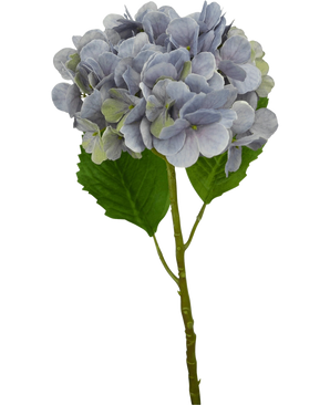 Un'unica Ortensia Artificiale Deluxe con stelo lilla da 57 cm con petali viola chiaro e due grandi foglie verdi, isolata su sfondo bianco.