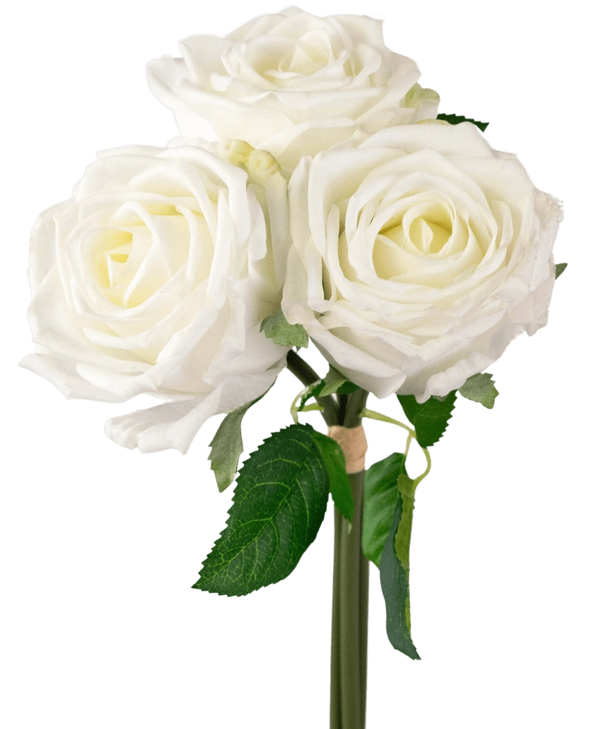 Un primo piano del bouquet di rose artificiali Real Touch White da 30 cm mostra tre rose artificiali bianche con foglie verdi su uno stelo, su uno sfondo bianco.