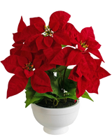La pianta artificiale Poinsettia rossa da 44 cm è un vaso bianco con una pianta di stella di Natale con foglie rosse vivaci a forma di stella e fogliame verde su un semplice sfondo bianco.