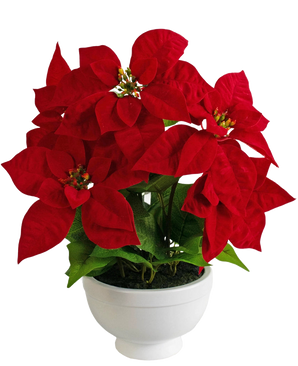 La pianta artificiale Poinsettia rossa da 44 cm è un vaso bianco con una pianta di stella di Natale con foglie rosse vivaci a forma di stella e fogliame verde su un semplice sfondo bianco.