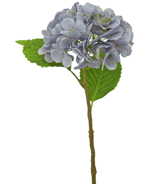 L'Ortensia Artificiale Deluxe 55 cm viola ha un unico stelo viola chiaro con petali arrotondati e due foglie verdi, su sfondo bianco.