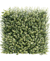 De Kunsthaag Buxus beige 50x50 cm UV is een vierkant paneel met dicht, kunstgroen gebladerte met kleine, afgeronde blaadjes voor een weelderige, gestructureerde look tegen een witte achtergrond.