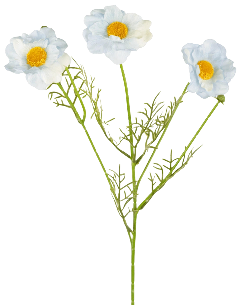 La collana con sacerdote artificiale Real Touch Blu/bianco da 50 cm ha tre fiori bianchi con un cuore giallo su lunghi steli verdi e foglie sottili, su uno sfondo bianco semplice.