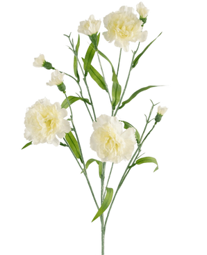Il mazzo di fiori artificiali di garofani bianchi da 70 cm ha uno stelo con diversi fiori di garofani bianchi e foglie verdi su uno sfondo bianco semplice.