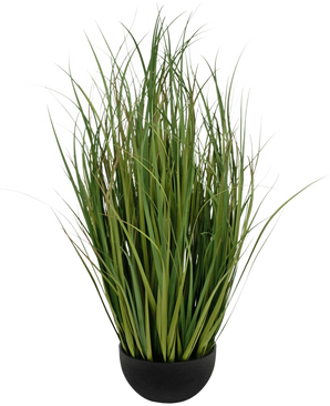L'erba artificiale Dogtail cipolla erba crusca 90 cm ignifuga è un vaso nero con foglie dense, alte, sottili, verdi, simili a erba che stanno in piedi, raffigurate su uno sfondo bianco.