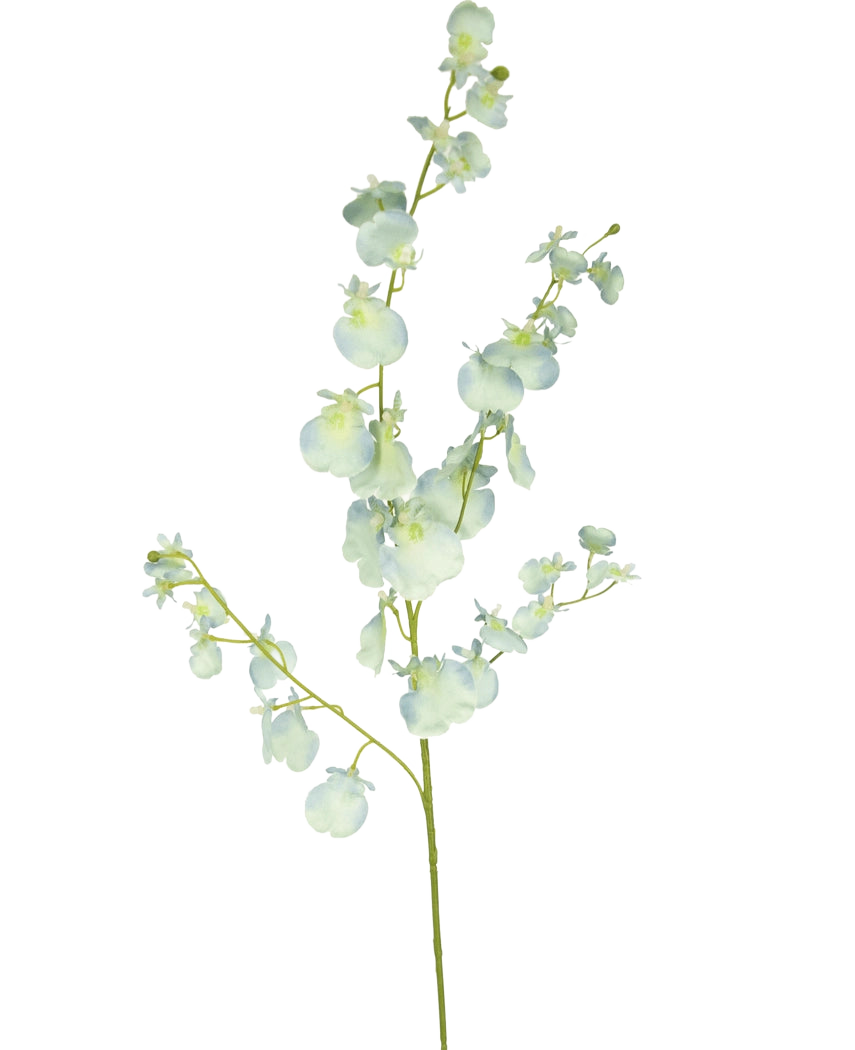 Un singolo stelo di orchidea ramo artificiale da 80 cm in turchese ha diversi piccoli fiori e boccioli artificiali, su uno sfondo bianco semplice.