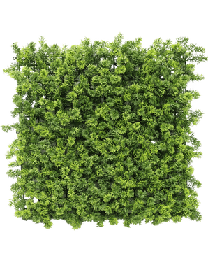 La Siepe Artificiale Muschiata 50x50 cm UV è un fitto pannello quadrato di fogliame verde artificiale con piccoli rami fogliari, raffigurati dall'alto su sfondo bianco.