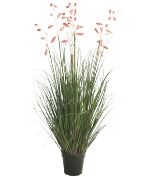 La pianta di erba artificiale millepiedi ignifuga da 120 cm ha lunghi fili verdi e steli lunghi e sottili con pennacchi rosa, presentati su uno sfondo bianco.