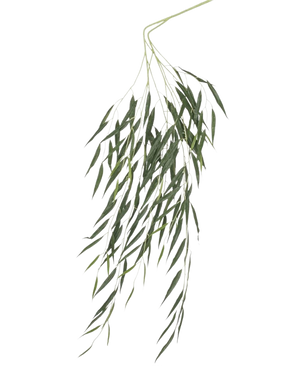 La foglia artificiale di salice piangente ignifuga da 134 cm ha foglie verdi lunghe e sottili che pendono su uno sfondo bianco semplice ed è trattata con un rivestimento ignifugo per una maggiore sicurezza.