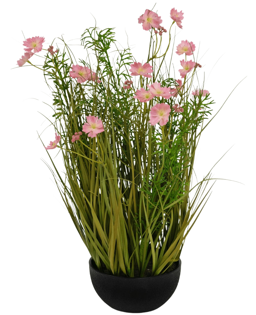Il vaso per erba artificiale Gesang Flower a cipolla rosa ignifugo da 56 cm ha un vaso nero con una lunga erba artificiale verde e morbidi fiori rosa-bianchi, perfetti per interni eleganti su uno sfondo bianco.