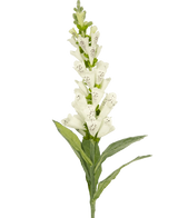 De Kunstbloem Vingerhoedskruid 90 cm wit heeft groene bladeren en witte, gevlekte buisvormige bloesems - ideaal voor luxe decoratie of als opvallend accent in een kunstbloemen boeket.