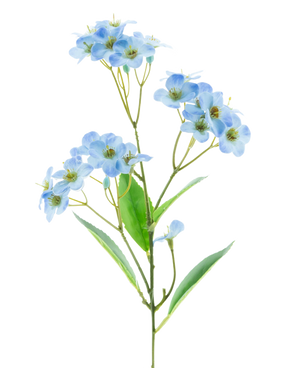 Un'orchidea artificiale Real Touch Blue da 50 cm con mazzi di delicati fiori azzurri e alcune foglie verdi si staglia su uno sfondo bianco a tinta unita.