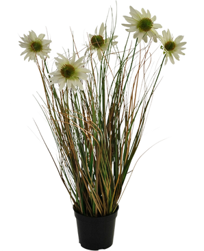 L'erba artificiale crisantemo-cipolla ignifuga da 60 cm ha foglie lunghe e sottili verdi e marroni con diversi steli alti sormontati da fiori bianchi simili a margherite con un cuore giallo.