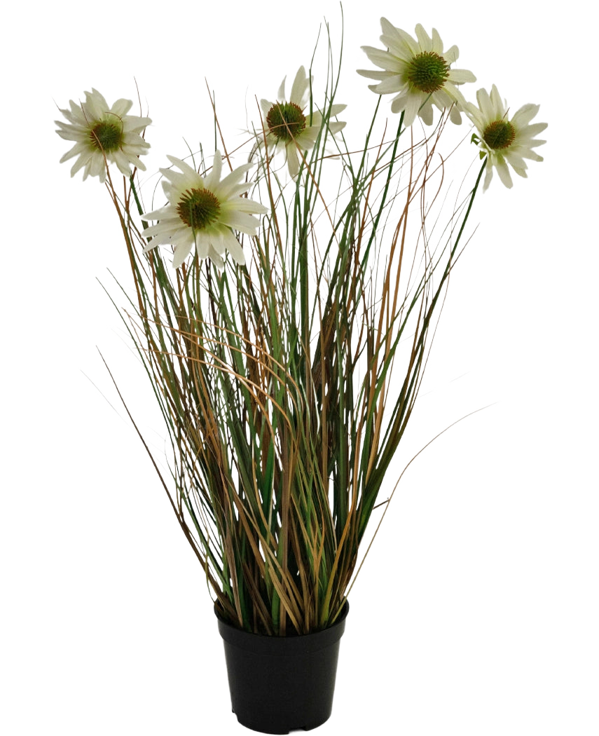L'erba artificiale crisantemo-cipolla ignifuga da 60 cm ha foglie lunghe e sottili verdi e marroni con diversi steli alti sormontati da fiori bianchi simili a margherite con un cuore giallo.