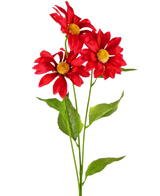 De Kunstbloem Madelief 78 cm rood heeft drie levendige rode kunstmadeliefjes met gele hartjes en groene blaadjes op lange stelen, tegen een effen witte achtergrond.