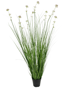 Il vaso per erba artificiale con fiori di porro e cipolle da 120 cm ignifugo ha lunghe foglie verdi simili a erba e lunghi steli con grappoli di fiori viola chiaro, perfetti per aggiungere verde realistico a qualsiasi spazio.