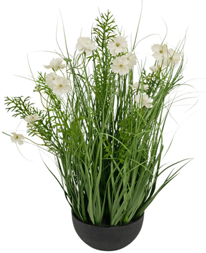 Il vaso per erba artificiale a cipolla bianca Gesang Flower (56 cm, ignifugo) ha alte foglie verdi simili a erba e delicati fiori bianchi in un vaso nero per un aspetto lussureggiante e naturale.