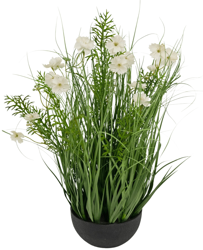 Il vaso per erba artificiale a cipolla bianca Gesang Flower (56 cm, ignifugo) ha alte foglie verdi simili a erba e delicati fiori bianchi in un vaso nero per un aspetto lussureggiante e naturale.