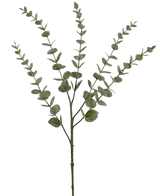 De Kunstbloem Eucalyptus Yugali 71 cm is een enkele kunststengel met vijf vertakkende takken en kleine, ronde groene bladeren, geïsoleerd afgebeeld op een witte achtergrond.