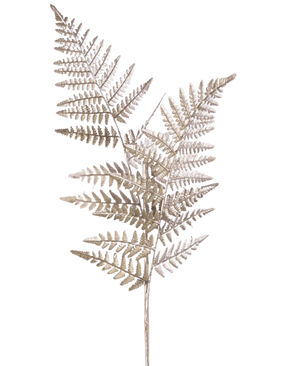 Un singolo ramo artificiale di asparagi argentato da 125 cm, con steli secchi simili a felci marrone chiaro con foglie fini e piumate, su sfondo bianco semplice.