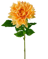 De Kunst Georgine Real Touch geel 70cm heeft een enkele gele dahlia met gelaagde bloemblaadjes en groene bladeren op een lange steel, geïsoleerd op een witte achtergrond.