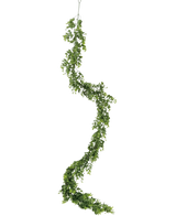 La pianta rampicante artificiale Pumila 182 cm ha una vite verde lunga e sinuosa con foglie piccole, che pende verticalmente su uno sfondo bianco semplice.