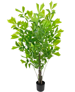La palma artificiale a coda di pesce da 150 cm è una pianta da vaso verde lussureggiante con molteplici steli eretti e grandi foglie a forma di ventaglio, presentata in un semplice vaso nero su uno sfondo bianco.