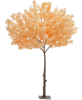 Albero artificiale Cherry Blossom Peach 270 cm con tronco marrone e numerosi fiori morbidi color pesca, eretti su base rettangolare su sfondo bianco.